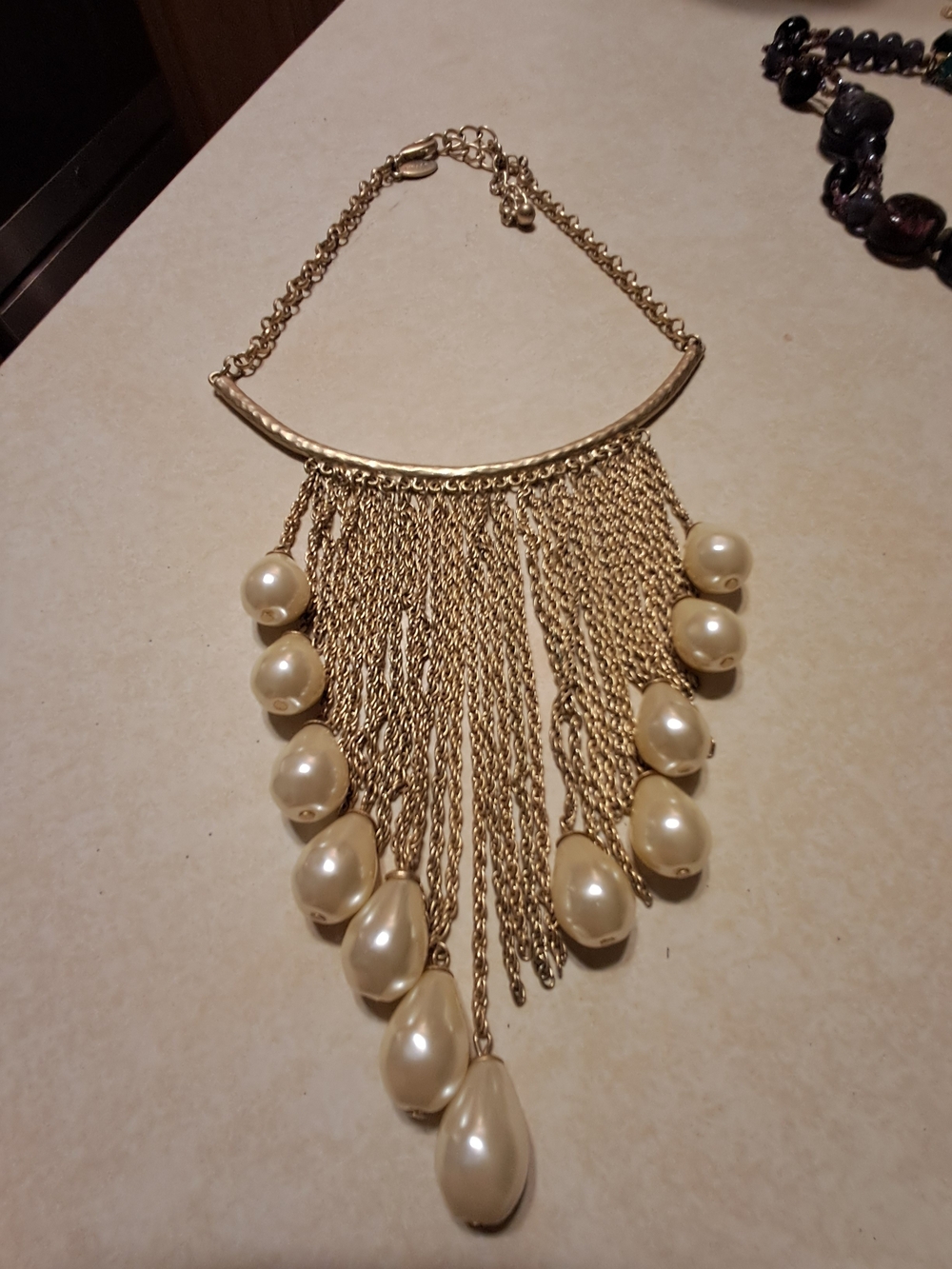 Chico's Gold and Ivory Pearl Fringe Necklace